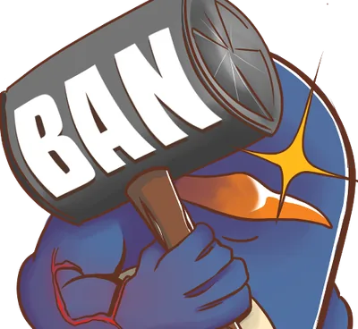 Le pingouin brandit un énorme marteau marqué BAN.