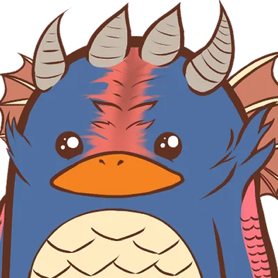 Le pingouin déguisé en dragon bleu avec des cornes.