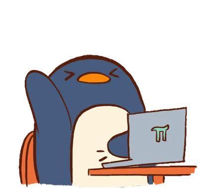 Le pingouin, assis devant son ordinateur, joue les yeux plissés.