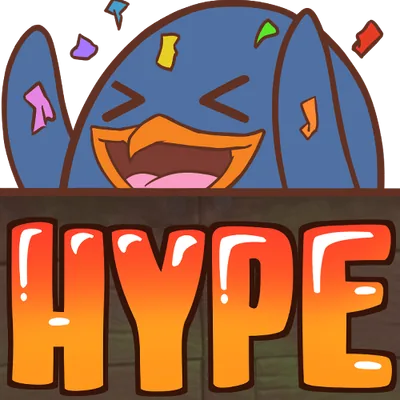 Le pingouin sourit sous le mot HYPE, entouré de confettis.