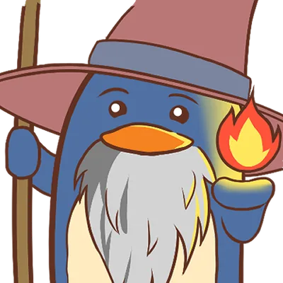 Le pingouin en magicien barbu, chapeau pointu et torche enflammée.